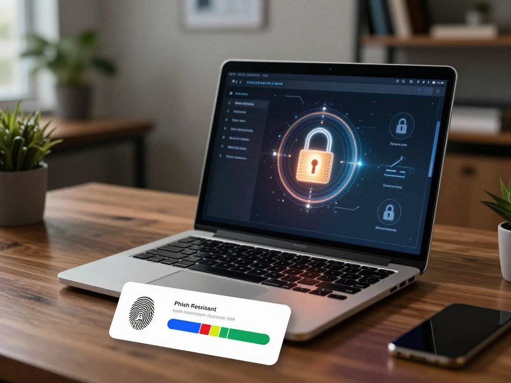 Encrypted vault settings and phishing-resistant MFA on a laptop