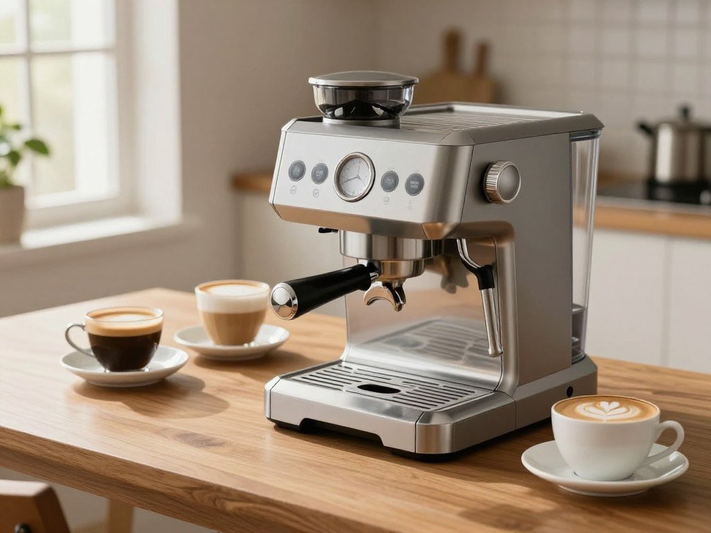 Espresso machine comparison beside cups for different coffee drinks Espresso machine comparison beside cups for different coffee drinks