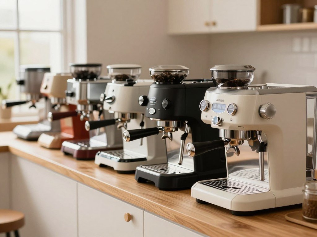 Espresso machines lined up for different home coffee budgets