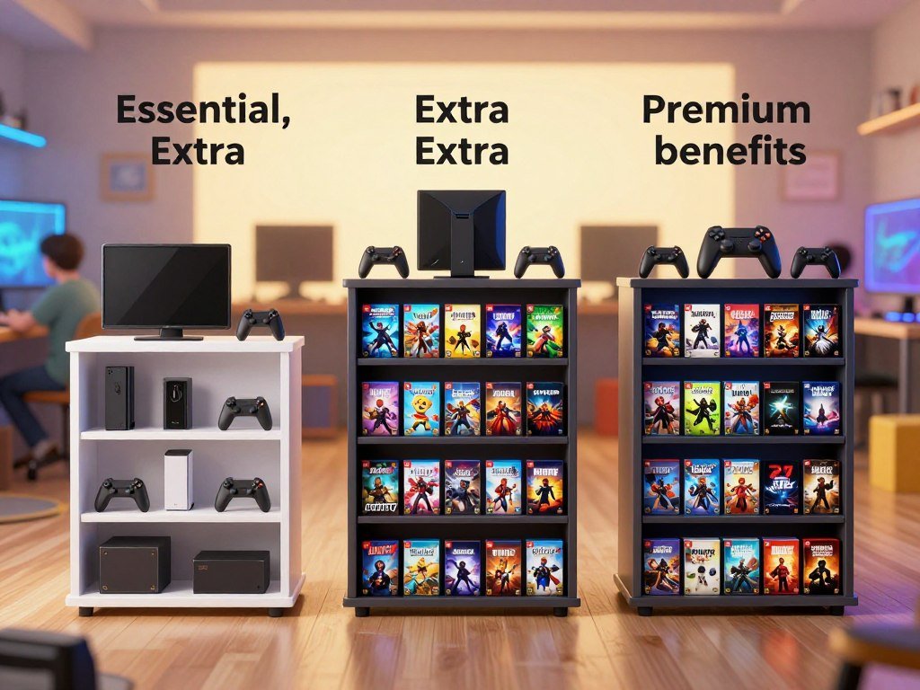 Essential, Extra, and Premium benefits compared in a game library Essential, Extra, and Premium benefits compared in a game library