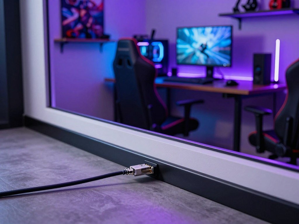 Ethernet cable run following baseboards around a gaming room Ethernet cable run following baseboards around a gaming room