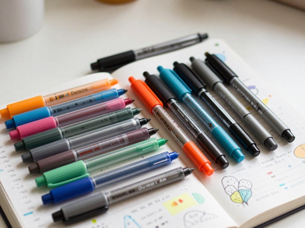 Everyday gel pens arranged beside a bullet journal