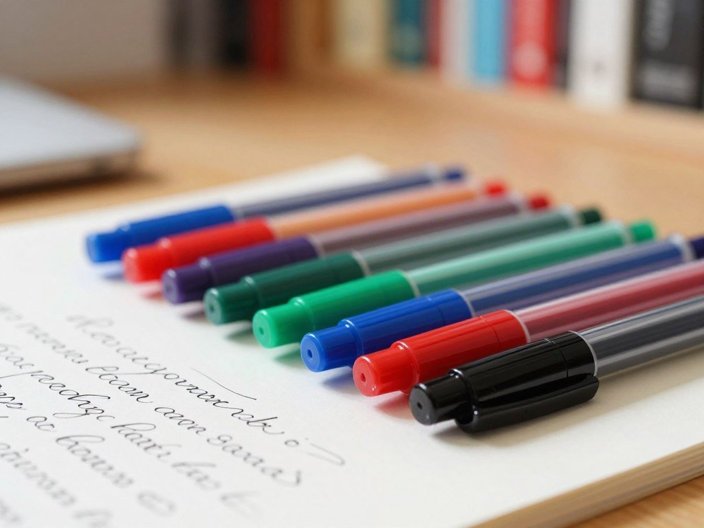 Everyday gel pens lined up beside a handwritten page Everyday gel pens lined up beside a handwritten page