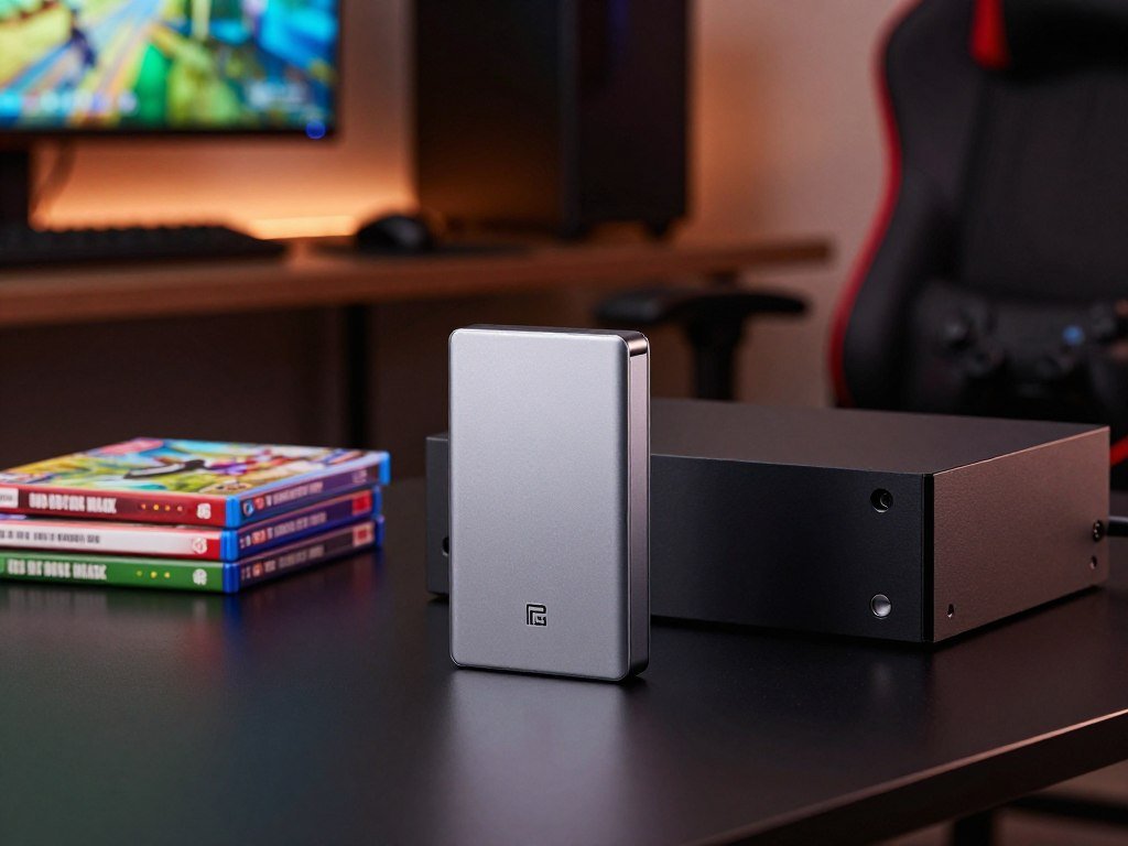 External SSD beside a console holding games for storage
