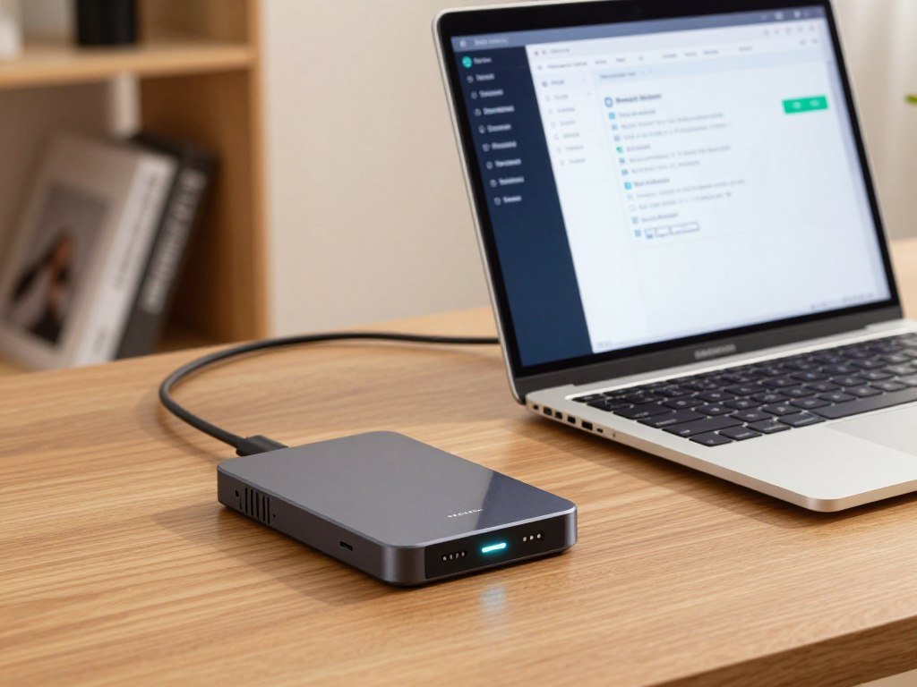 External drive and computer holding separate backup copies External drive and computer holding separate backup copies