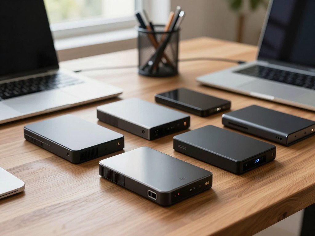 External hard drives lined up for home and travel backups External hard drives lined up for home and travel backups