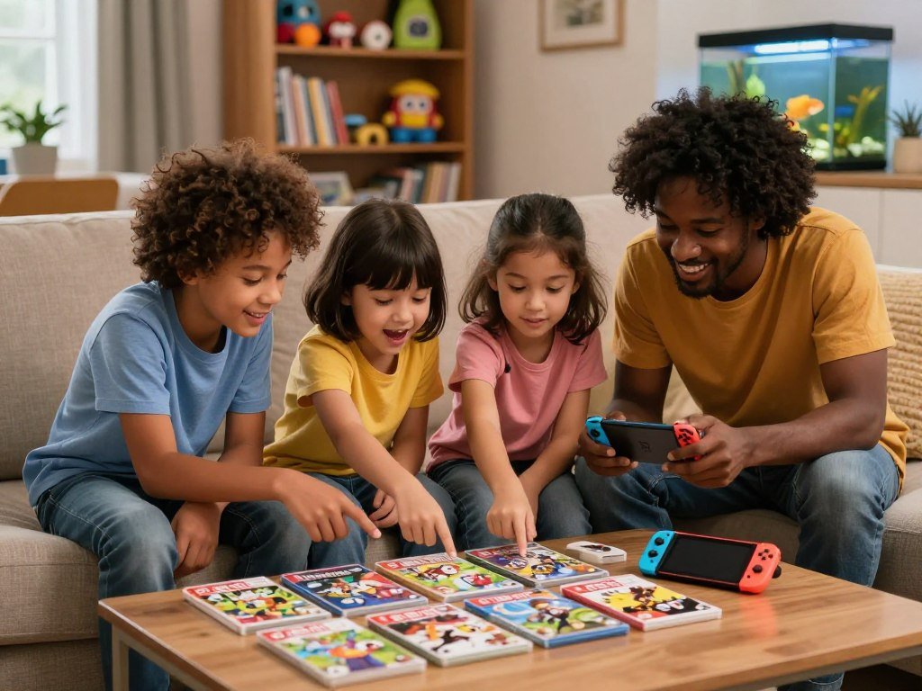 Family checking Nintendo Switch games and controller comfort together Family checking Nintendo Switch games and controller comfort together