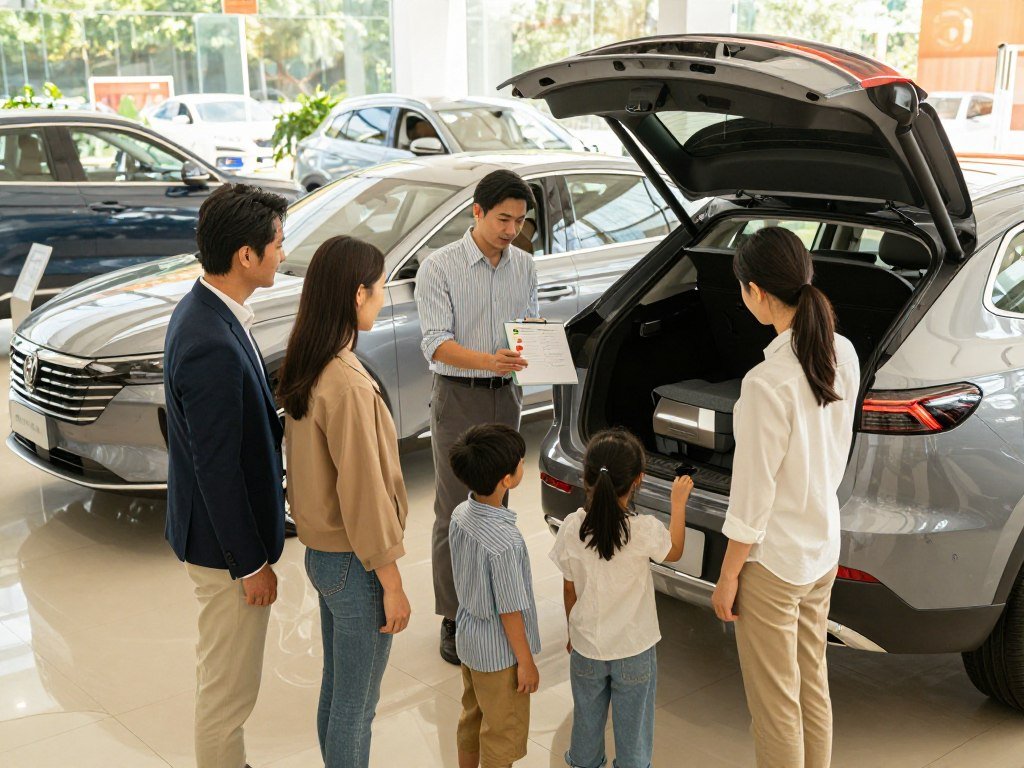 Family checks vehicle seating, cargo space, and fuel use before buying