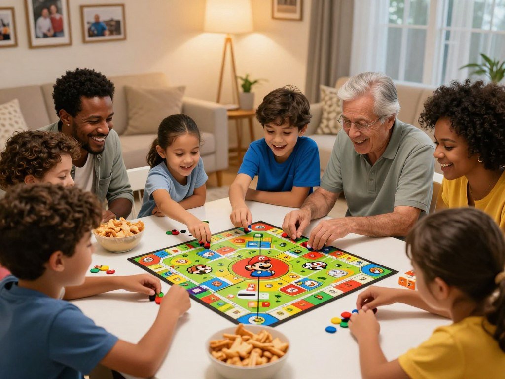 Family choosing a Super Mario Party Jamboree board game mode Family choosing a Super Mario Party Jamboree board game mode