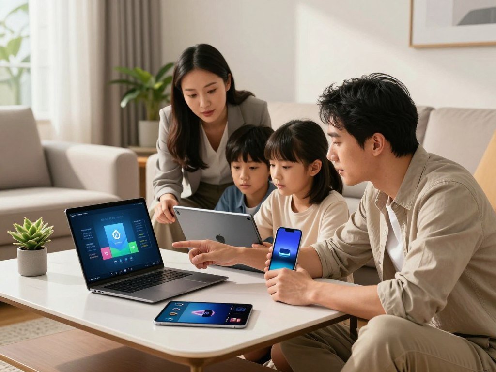 Family comparing Norton 360 features across home devices Family comparing Norton 360 features across home devices