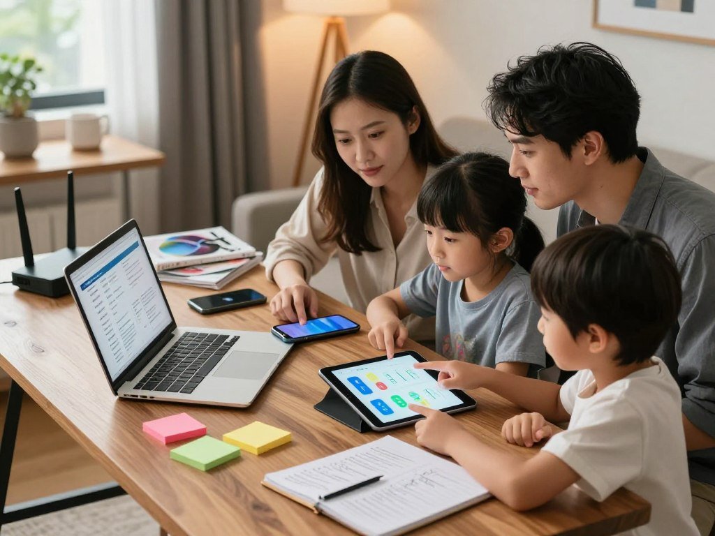 Family comparing VPN options and device needs at a desk