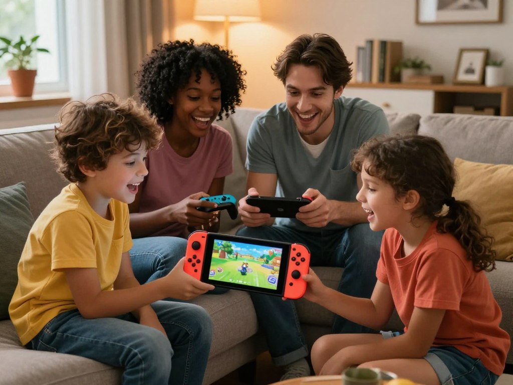 Family comparing group activities in Nintendo Switch games Family comparing group activities in Nintendo Switch games