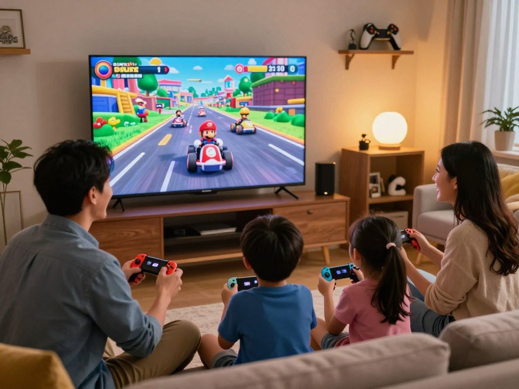 Family racing on a TV in Mario Kart Deluxe Family racing on a TV in Mario Kart Deluxe