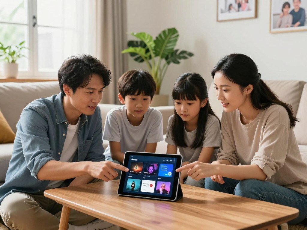 Family reviewing music streaming plans on a tablet Family reviewing music streaming plans on a tablet