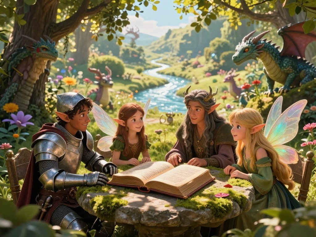 Fantasy companions examine a clue in a storybook world