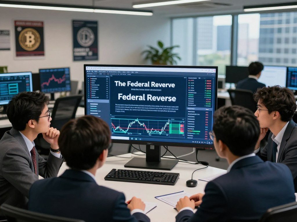 Federal Reserve statement on a screen as Bitcoin traders watch