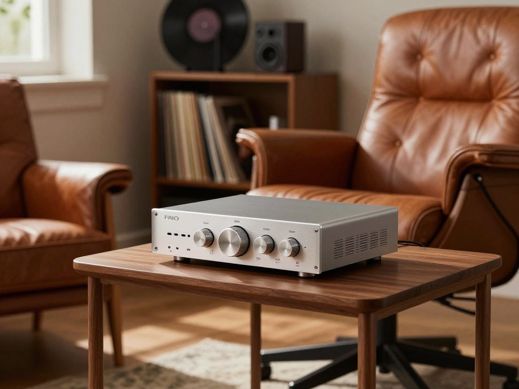 FiiO K7 desktop headphone amp beside a listening chair