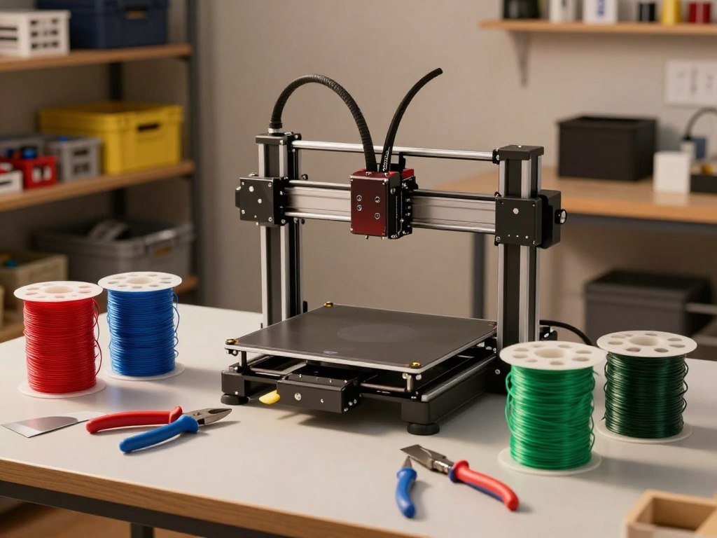 Filament spools and basic tools beside a budget printer Filament spools and basic tools beside a budget printer