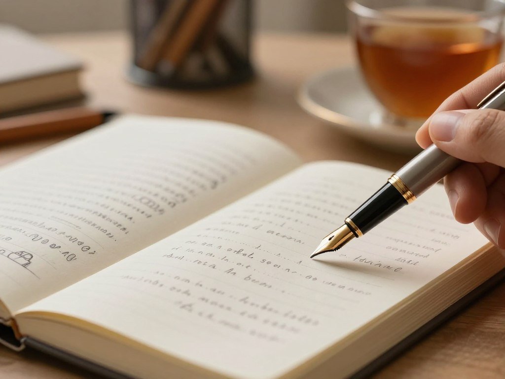 Fine pen tip making compact notes in a journal