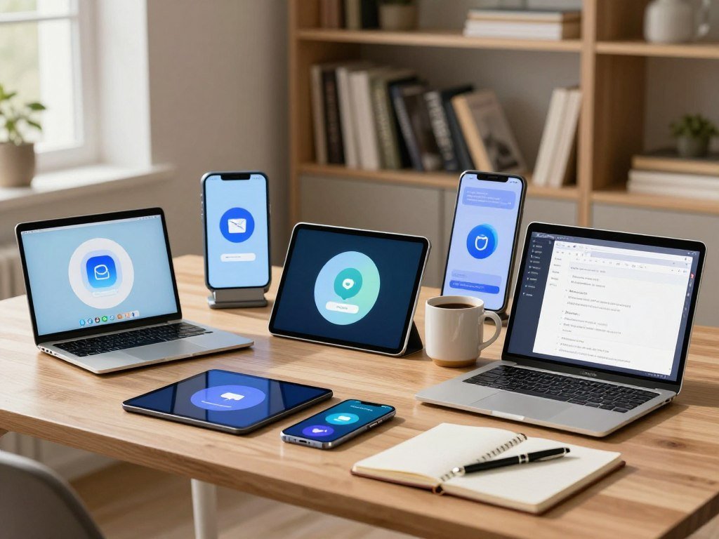 Five AI chatbot apps compared on a work desk