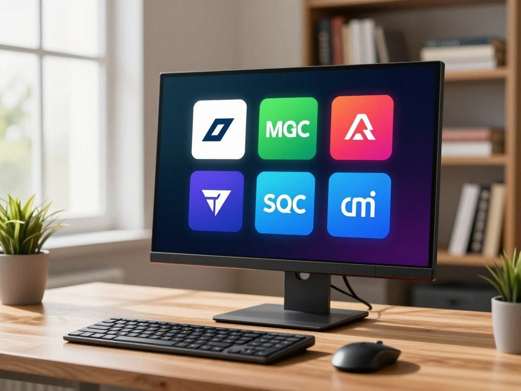 Five antivirus choices shown on a home computer screen Five antivirus choices shown on a home computer screen