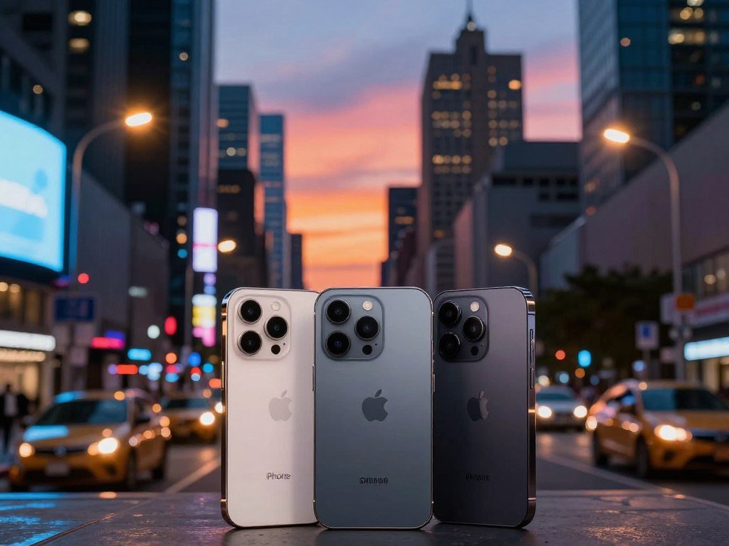 Flagship camera phones framing a city street at dusk