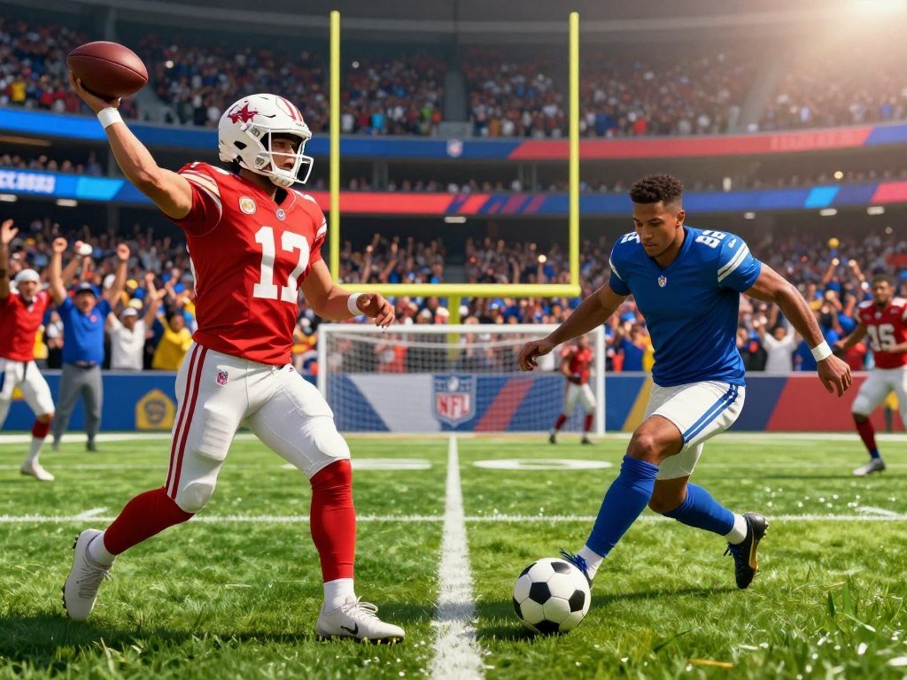 Football games split between NFL simulation and soccer play Football games split between NFL simulation and soccer play