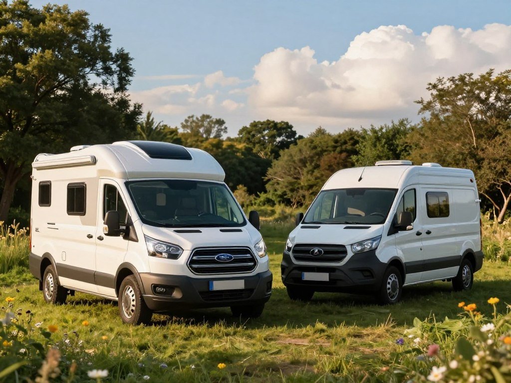Ford Transit camper van parked near a compact Sprinter camper