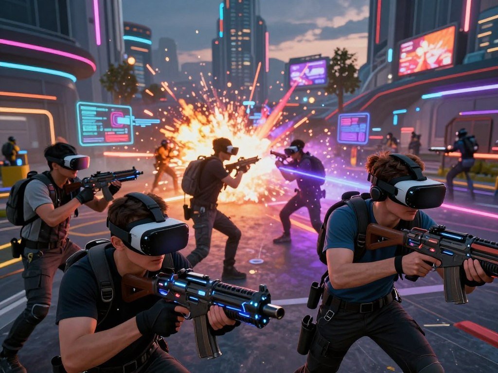 Forefront players fighting across a multiplayer VR battlefield Forefront players fighting across a multiplayer VR battlefield