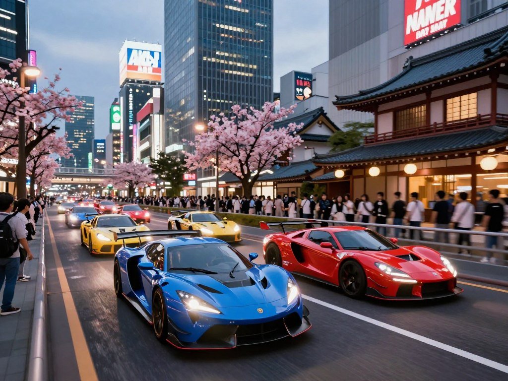 Forza Horizon cars driving through a Tokyo-inspired city Forza Horizon cars driving through a Tokyo-inspired city