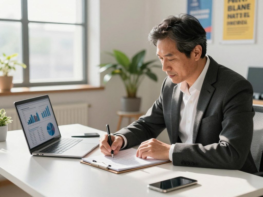 Founder outlining a one-page business plan and cash assumptions