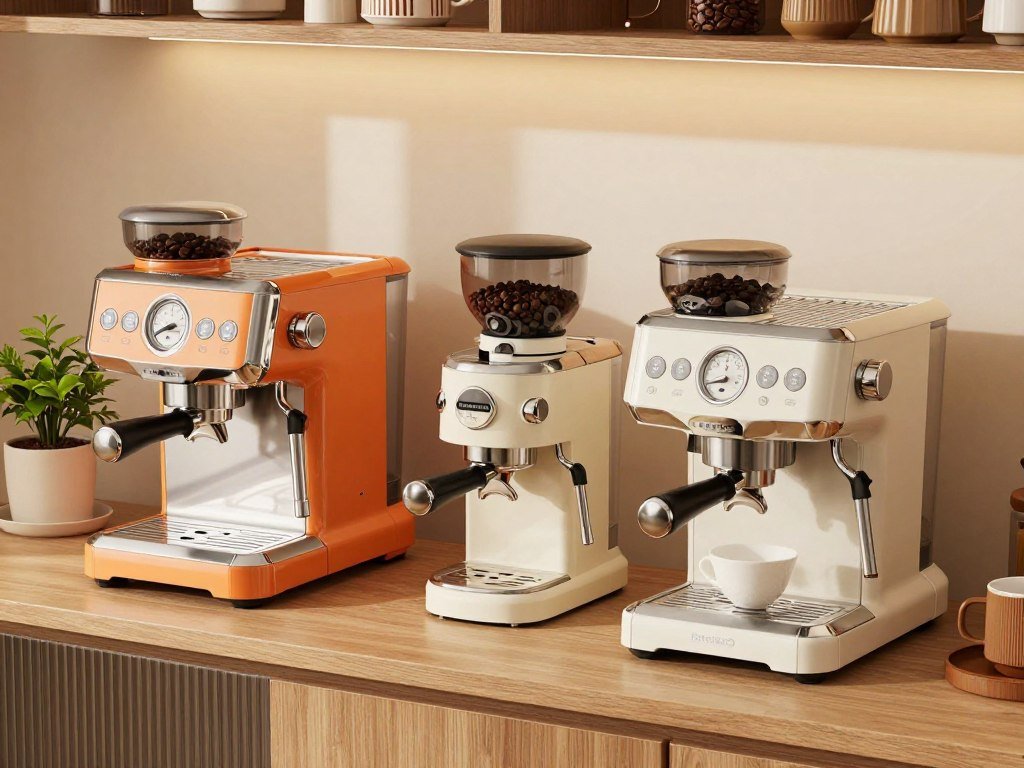 Four espresso machines arranged for a home coffee setup Four espresso machines arranged for a home coffee setup