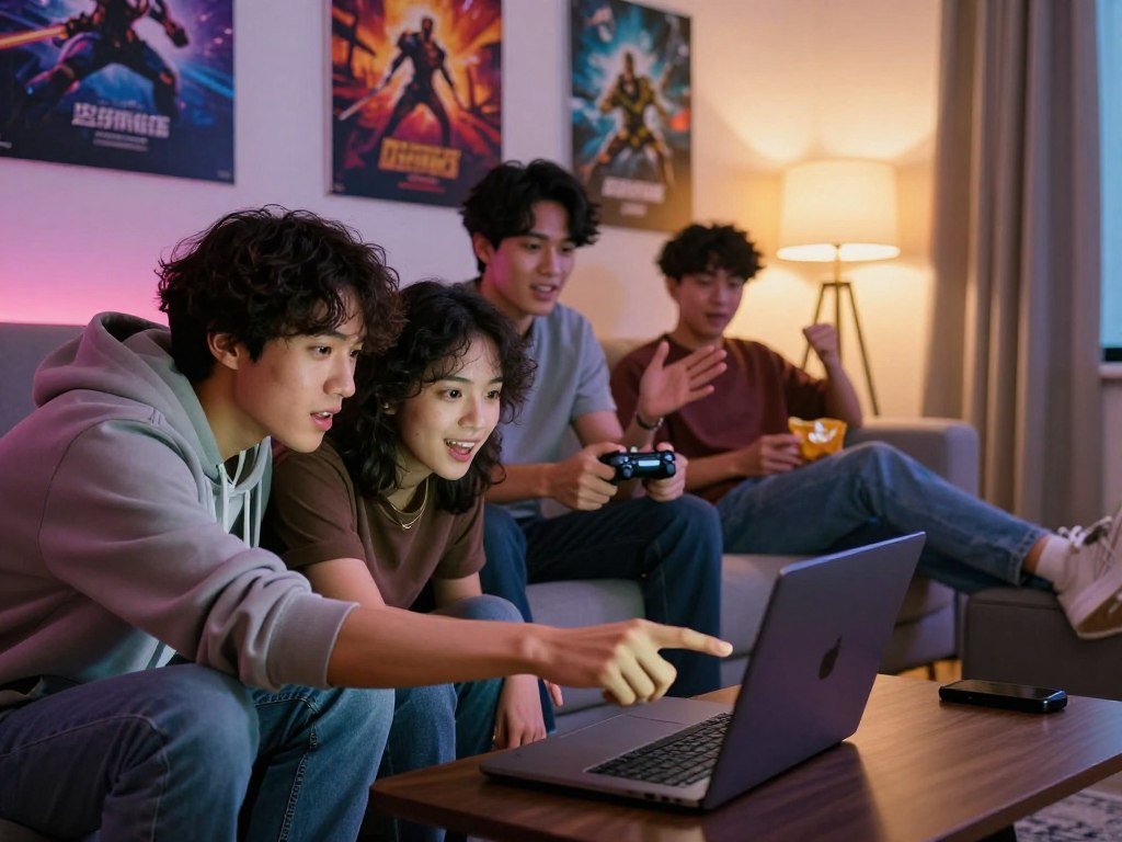 Four friends check player limits before choosing a co-op game