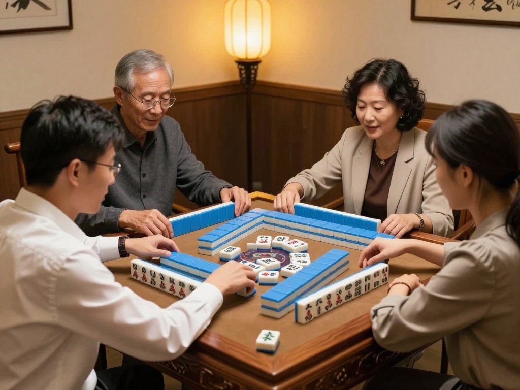 Four players draw and discard tiles in traditional Mahjong
