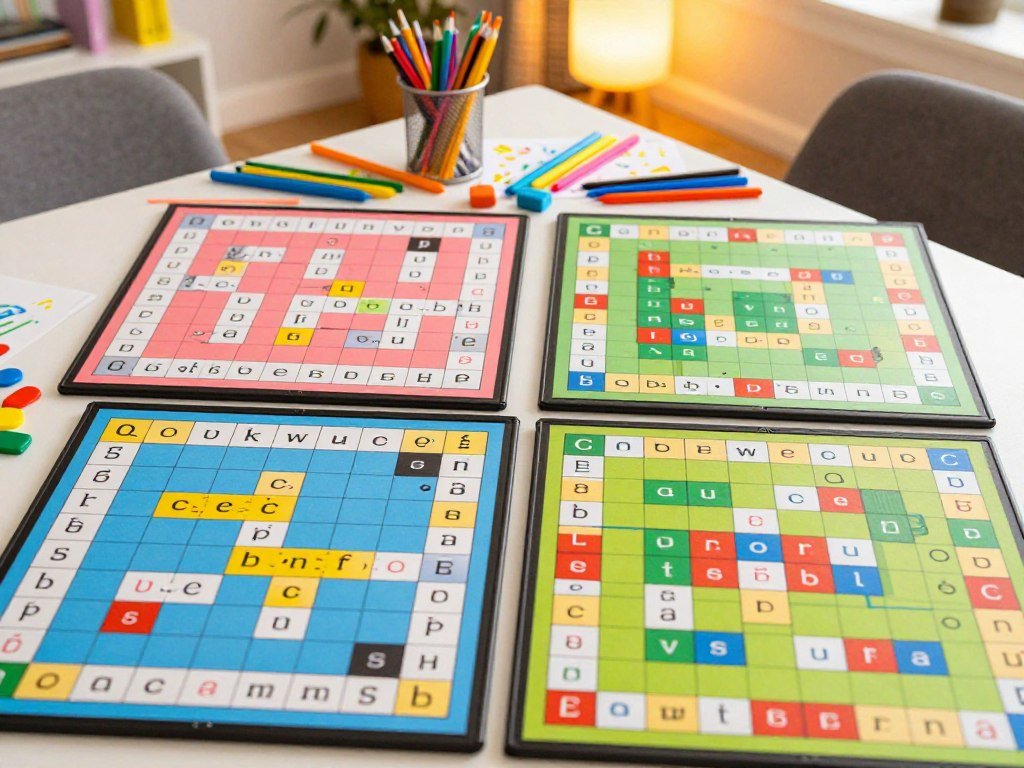 Four word puzzle boards share clues from each guess