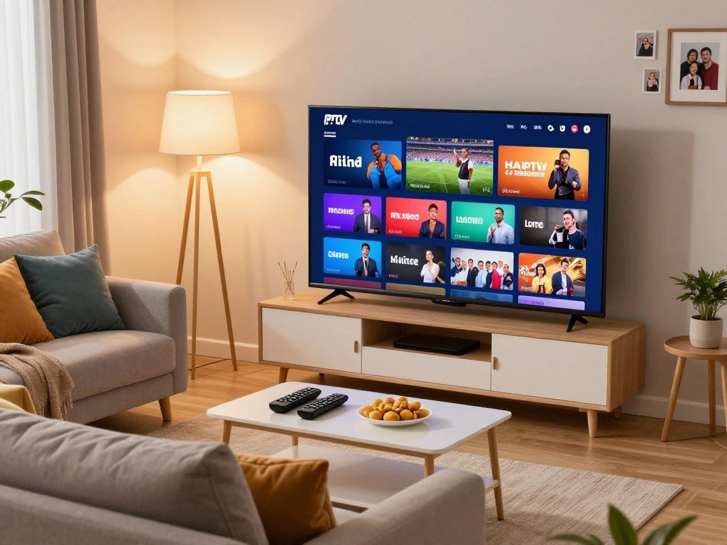 Free streaming app showing live channels on a living room television Free streaming app showing live channels on a living room television