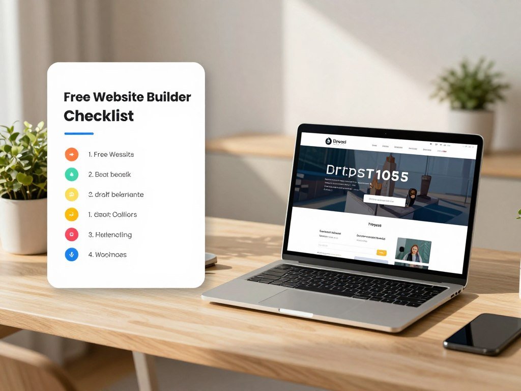 Free website builder checklist beside a draft homepage