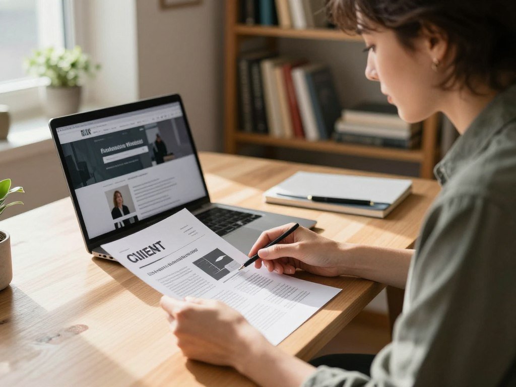 Freelance writer checks a client newsletter draft beside a laptop