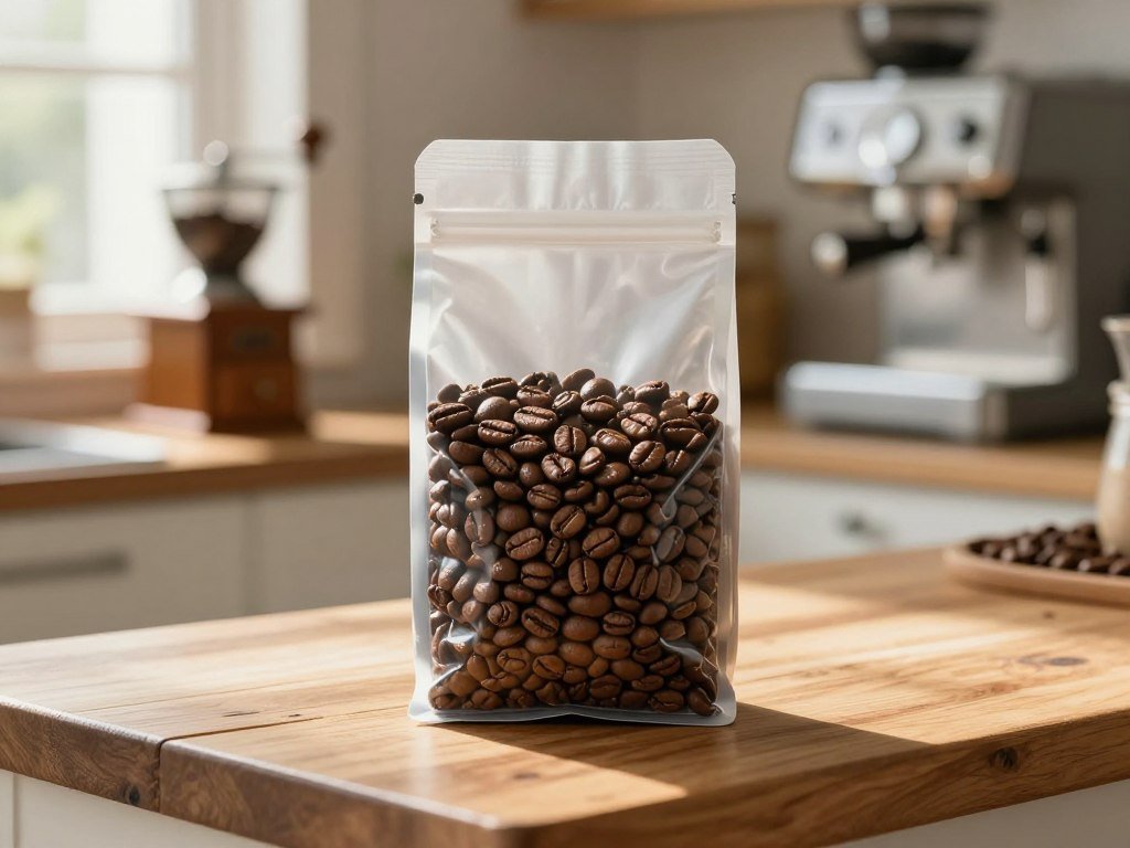 Fresh beans resting in a sealed coffee bag at home Fresh beans resting in a sealed coffee bag at home