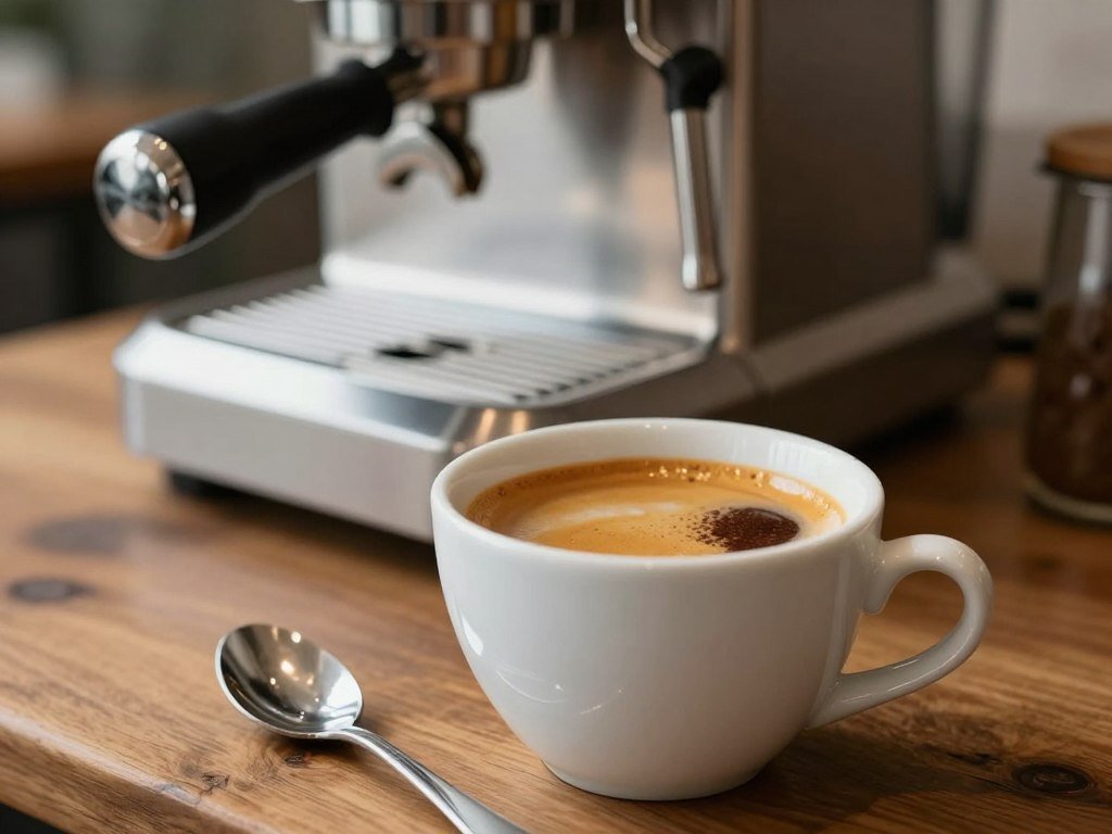 Fresh espresso shot showing crema above the coffee in a cup Fresh espresso shot showing crema above the coffee in a cup