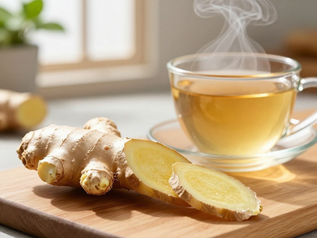 Fresh ginger root sliced beside a warm cup of ginger tea