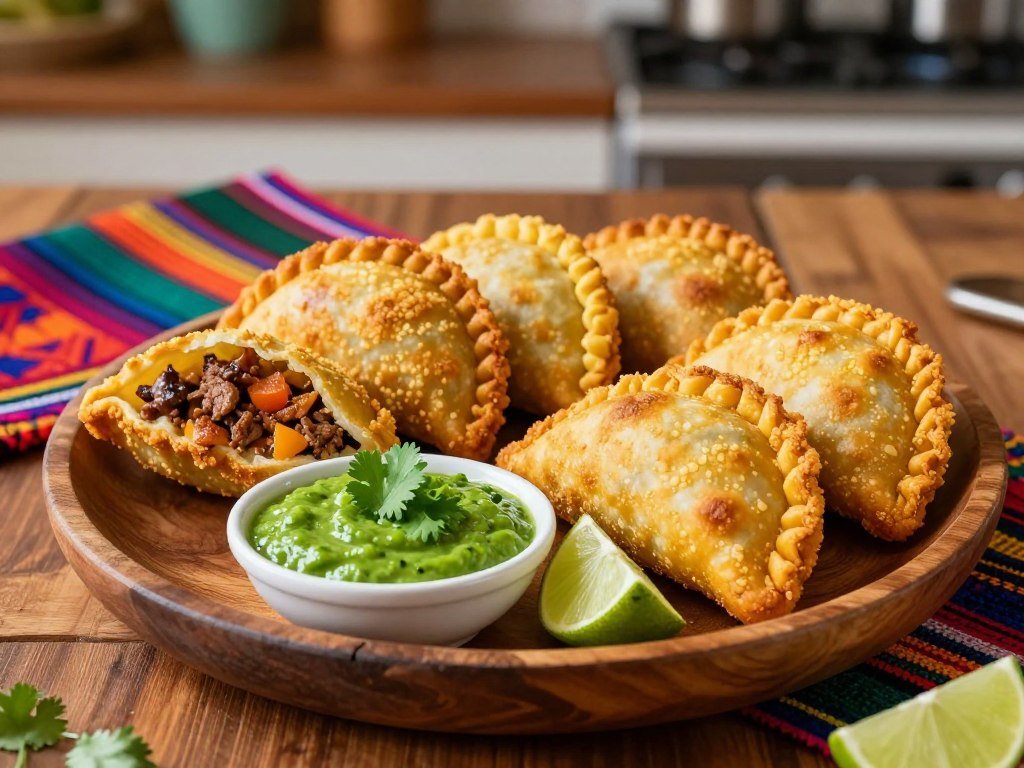 Fried cornmeal shell empanadas served with Colombian ají sauce Fried cornmeal shell empanadas served with Colombian ají sauce