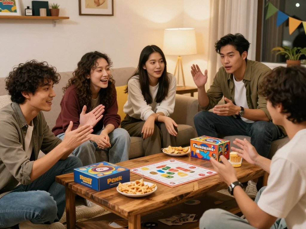 Friends bluffing and pitching creative adult party games