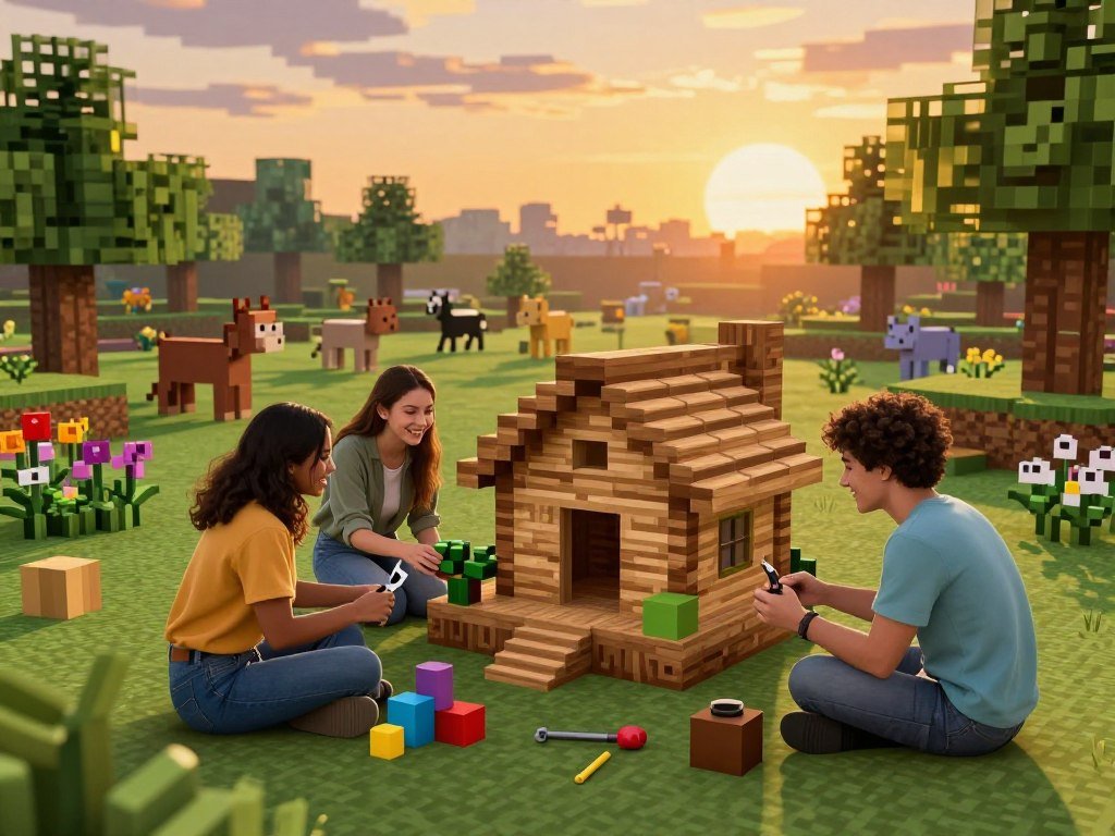 Friends building a shared survival world in Minecraft