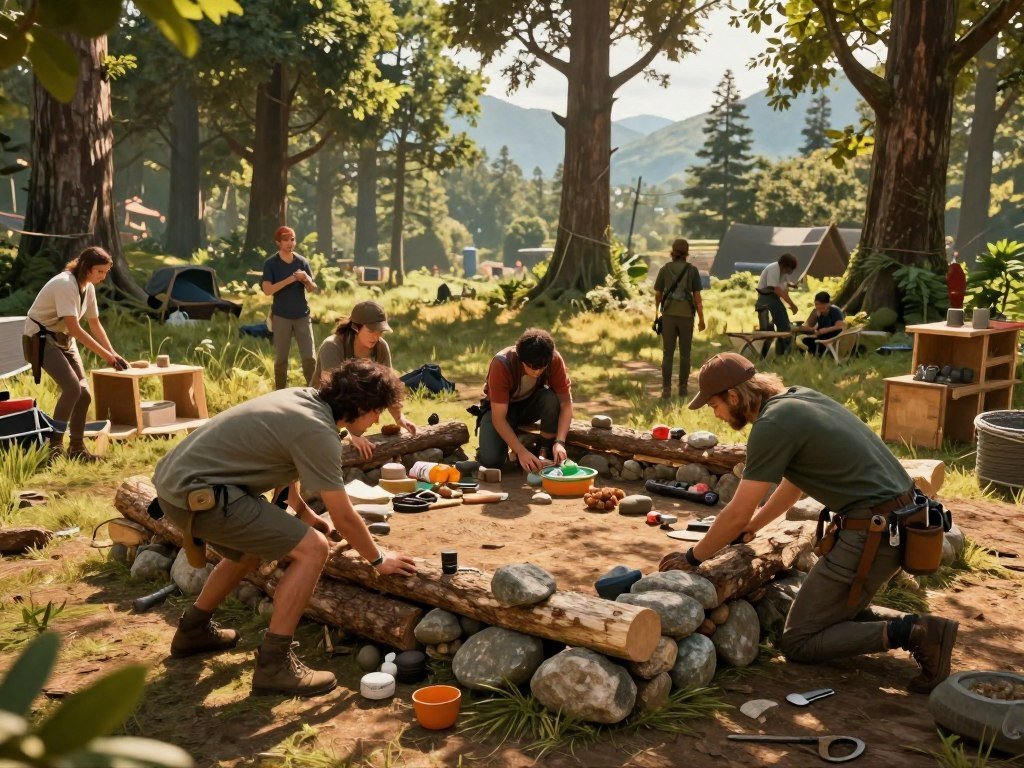 Friends building a survival base in an open world