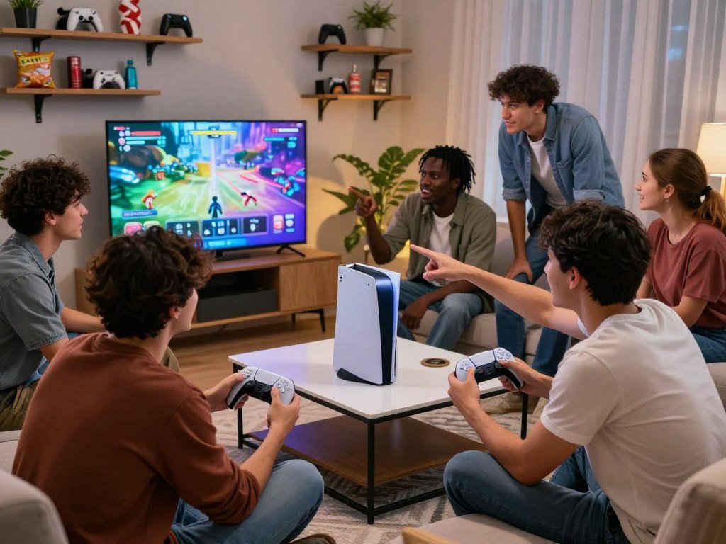 Friends checking multiplayer modes before starting a PS5 game Friends checking multiplayer modes before starting a PS5 game