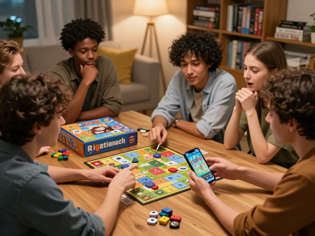 Friends compare conversation, tabletop, and mobile game options