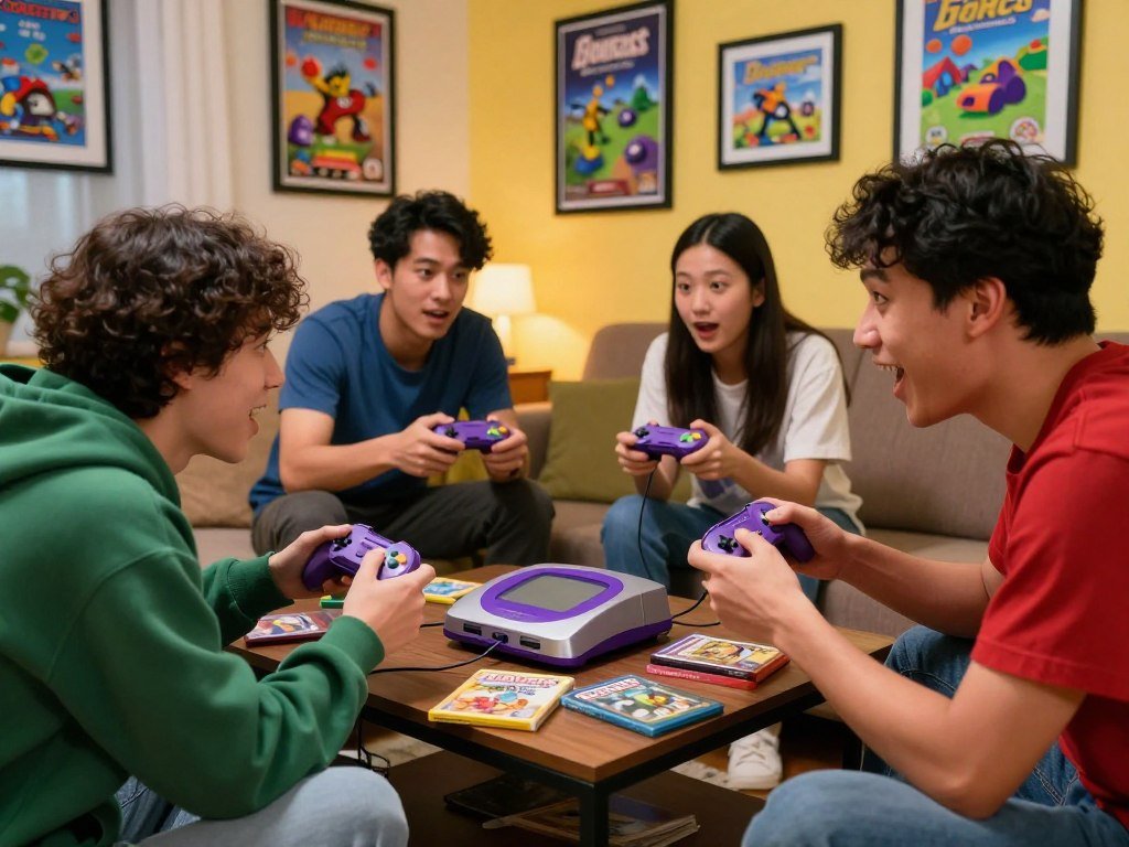 Friends compare multiplayer games around a GameCube Friends compare multiplayer games around a GameCube