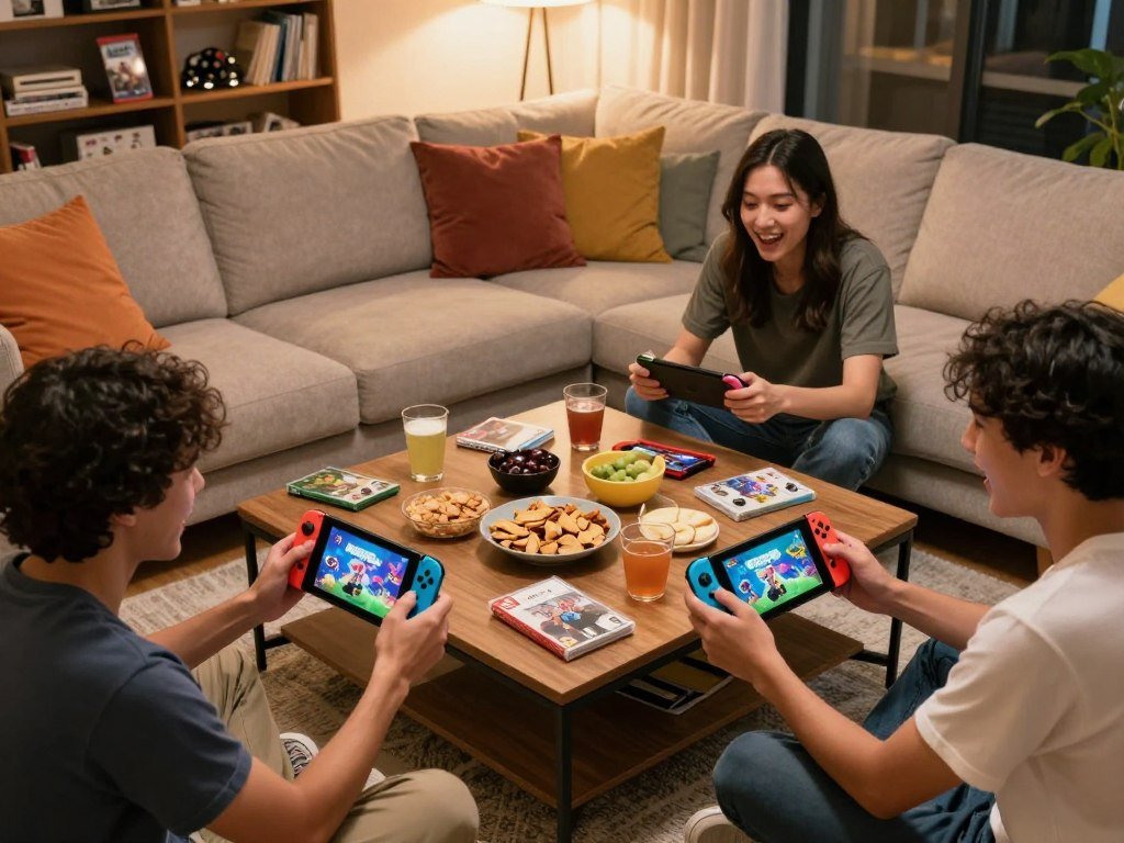Friends comparing October Switch 2 games at home