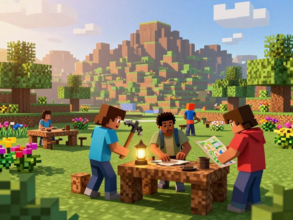 Friends exploring a Minecraft shared world together Friends exploring a Minecraft shared world together